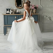 billige Blomsterkjoler-Barn Litt Jente Kjole Ensfarget Kjole med A-linje Ytelse Bryllup Fest Netting Åpen rygg Sløyfe Hvit Bomull Tyll Asymmetrisk Ermeløs Elegant Prinsesse Søt Kjoler Vår Sommer Normal 3-12 år / Høst