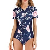 cheap Rash Guards-Women&#039;s Rash Guard One Piece Swimsuit UV Sun Protection Breathable Quick Dry Short Sleeve Bodysuit Bathing Suit Front Zip Swimming Surfing Beach Water Sports Floral Summer / Stretchy / Lightweight
