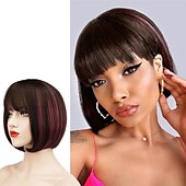 cheap Black &amp; African Wigs-Short Straight Bob Wigs 11 inch Synthetic with Bangs Daily Party Cosplay Hair Wig for Black Women silver gray