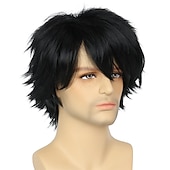 economico Parrucche uomo-parrucca cosplay emo nera corta parrucca maschile nera uomini donne parrucca anime halloween a strati
