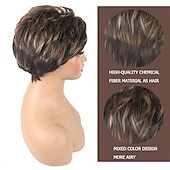 economico parrucca più vecchia-parrucche corte di capelli neri castani con frangetta parrucche nere pixie tagliate per le donne anziane misti punti salienti marrone scuro parrucche sintetiche a strati shaggy parrucca naturale