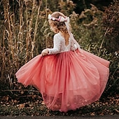 billiga Brudnäbbsklänningar-Barn flickors blommig klänning strandbröllop avslappnad tulle klänning fest rynkad mesh spets grön vit blå maxi lång ärm prinsessan söta klänningar festklänning online vanlig passform 4-13 år klänning