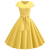 tanie Sukienki-Retro / vintage Lata 50. Sukienka z linii Rockabilly Sukienka huśtawka Krótki kimonowy Łuk Równina W serek Strój na bal maskowy Damskie Bal maskowy Spotkanie towarzyskie Herbaciane przyjęcie Codzienne