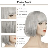 cheap Black &amp; African Wigs-Short Straight Bob Wigs 11 inch Synthetic with Bangs Daily Party Cosplay Hair Wig for Black Women silver gray