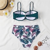 billige Bikinisett-Dame Normal Badetøy Bikini 2 stk Frekk Badedrakt 2 deler Åben Ryg Sexy Printer Høy midje Ferie Mote Blomstret Blader Med stropper Ermeløs Badedrakter