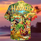 voordelige Retro Vintage Print-Voor heren Brief Tribal Landschap Overhemd Hawaiiaans overhemd Kampshirt Korte mouw Overhemd Strijkijzer Modieus Ontwerper Casual Straat Casual Dagelijks Geel Paars Oranje S M L