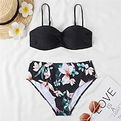 billige Bikinisett-Dame Normal Badetøy Bikini 2 stk Frekk Badedrakt 2 deler Åben Ryg Sexy Printer Høy midje Ferie Mote Blomstret Blader Med stropper Ermeløs Badedrakter