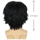economico Parrucche uomo-parrucca cosplay emo nera corta parrucca maschile nera uomini donne parrucca anime halloween a strati