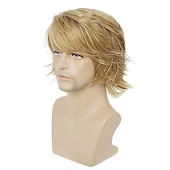 cheap Mens Wigs-Mens Blonde Wig Short Fluffy Layered Blonde Wig Natural Synthetic Halloween Cosplay Hair Wig for Male Guy