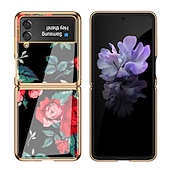 Недорогие Чехлы для Samsung-телефон Кейс для Назначение SSamsung Galaxy Z Flip 5 Z Flip 4 Z Flip 3 Кейс на заднюю панель Флип Мода Защитная пленка для объектива камеры Цветы Закаленное стекло