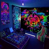 tanie Blacklight gobelin-gobelin z czarnym światłem UV reaktywny świecący w ciemności świecący neonowy psychodeliczny trippy mglisty wiszący gobelin ścienny sztuka mural do salonu sypialnia gwiazda lew