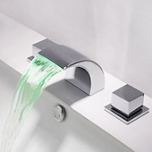 baratos Torneiras Misturadoras-Cachoeira torneira da pia do banheiro luz led latão montado no convés, torneiras de banho generalizadas 2 alças 3 furos com mangueira de água quente e fria