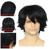 economico Parrucche uomo-parrucca cosplay emo nera corta parrucca maschile nera uomini donne parrucca anime halloween a strati