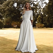 cheap Casual Wedding Dresses-Hall Casual Wedding Dresses A-Line Scoop Neck 3/4 Length Sleeve Sweep / Brush Train Stretch Fabric Bridal Gowns With Pleats Solid Color 2025