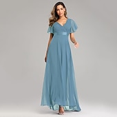 abordables Mariage Décontracté / de Jour-Robe de mariage en A-line froncée élégante pour les invitées de mariage mariage à la plage formelle cravate noire pour demoiselles d&#039;honneur longueur de sol manches courtes décolleté en V chiffon dos