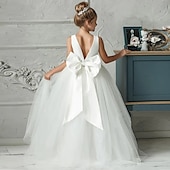 billige Blomsterkjoler-Barn Litt Jente Kjole Ensfarget Kjole med A-linje Ytelse Bryllup Fest Netting Åpen rygg Sløyfe Hvit Bomull Tyll Asymmetrisk Ermeløs Elegant Prinsesse Søt Kjoler Vår Sommer Normal 3-12 år / Høst