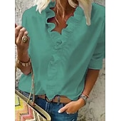 economico Top eleganti-camicetta da donna camicia scollo a v lattuga bordo semplice moderno scollo a v regolare primavera&amp;amp;  autunno verde blu bianco arancione