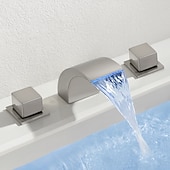 baratos Torneiras Misturadoras-Cachoeira torneira da pia do banheiro luz led latão montado no convés, torneiras de banho generalizadas 2 alças 3 furos com mangueira de água quente e fria