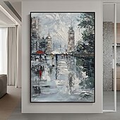 お買い得  風景画-キャンバスの壁の芸術の装飾のミンチュラ手作りの都市風景油絵家の装飾のための現代の抽象的な絵はフレームレスの伸ばされていない絵画を巻いた