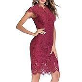 cheap Cocktail Dress-Women&#039;s Midi Dress Lace Dress Party Dress Bodycon Sheath Dress Elegant Stylish Work Party Work Going out Regular Fit Pure Color Sleeveless Crew Neck Wine Red Dark Blue Summer Spring