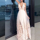 baratos Vestidos Baile Formatura-Vestido A-Line de Noite Floral Convidada de Casamento Retorno Comprimento Total Mangas Cortas Decote em V Tule com Drapeados Apliques 2025