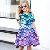cheap 3D Shining Vision Dress-Girls&#039; 3D Mermaid Dress Short Sleeve 3D Print Summer Spring Vacation Daily Holiday Cute Casual Sweet Kids 3-12 Years A Line Dress Above Knee Regular Fit