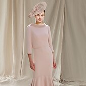 cheap With Jacket-Two Piece Mermaid / Trumpet Mother of the Bride Dress Church Elegant High Low Square Neck Asymmetrical Tea Length Stretch Chiffon Sleeveless Short Jacket Dresses with Pearls Beading 2024