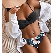 billige Bikinisett-Dame Normal Badetøy Bikini 2 stk Frekk Badedrakt 2 deler Åben Ryg Sexy Printer Høy midje Ferie Mote Blomstret Blader Med stropper Ermeløs Badedrakter