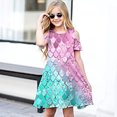 cheap 3D Shining Vision Dress-Girls&#039; 3D Mermaid Dress Short Sleeve 3D Print Summer Spring Vacation Daily Holiday Cute Casual Sweet Kids 3-12 Years A Line Dress Above Knee Regular Fit