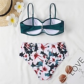 billige Bikinisett-Dame Normal Badetøy Bikini 2 stk Frekk Badedrakt 2 deler Åben Ryg Sexy Printer Høy midje Ferie Mote Blomstret Blader Med stropper Ermeløs Badedrakter