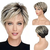economico parrucca più vecchia-parrucche corte di capelli neri castani con frangetta parrucche nere pixie tagliate per le donne anziane misti punti salienti marrone scuro parrucche sintetiche a strati shaggy parrucca naturale