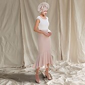 cheap With Jacket-Two Piece Mermaid / Trumpet Mother of the Bride Dress Church Elegant High Low Square Neck Asymmetrical Tea Length Stretch Chiffon Sleeveless Short Jacket Dresses with Pearls Beading 2024