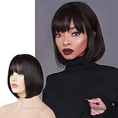 cheap Black &amp; African Wigs-Short Straight Bob Wigs 11 inch Synthetic with Bangs Daily Party Cosplay Hair Wig for Black Women silver gray