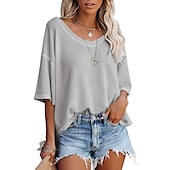 ieftine Topuri simple pentru femei-vară, cu decolteu în V, mânecă de păpușă, tricot cu vafe, largi, culoare uni, tricou cu mânecă scurtă, top pentru femei