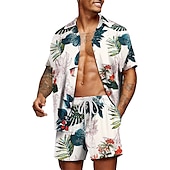 お買い得  メンズプリントシャツセット-男性用 グラフィック シュロの葉 熱帯植物 2個 シャツセット アロハシャツ 半袖 ショートパンツ 折襟 デザイナー ビーチスタイル バケーション カジュアル 日常 3D 夏 シルバー レッド-ホワイト グリーン-ブラック