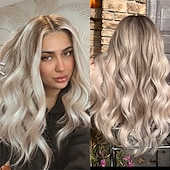 levne Paruky z přírodních vlasů se síťkou ofina-platinová jasanová blond krajka vpředu lidské vlasy paruky 13x4 krajková přední paruka tmavě blond kořínky předem vytrhané 130%/150%/180% hustota dlouhá vlnitá paruka pro ženy