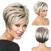 economico parrucca più vecchia-parrucche corte di capelli neri castani con frangetta parrucche nere pixie tagliate per le donne anziane misti punti salienti marrone scuro parrucche sintetiche a strati shaggy parrucca naturale