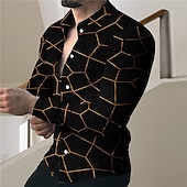 ieftine Model Geometric-Bărbați Model Geometric Geometrie Cămașă Camașă cu nasturi Manșon Lung Modă Designer Casual În aer liber Casual Concediu Vară Primăvară Răsfrânt Imprimeu Buton în jos Negru