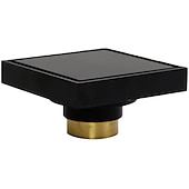cheap Drains-4 inch Shower Floor Drain Square, Removable Brass Flange Reversible 2-in-1 Cover Tile Insert Grate, Hair Catcher Strainer Black Chrome Golden