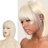 cheap Black &amp; African Wigs-Short Straight Bob Wigs 11 inch Synthetic with Bangs Daily Party Cosplay Hair Wig for Black Women silver gray