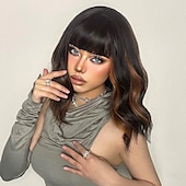 voordelige Synthetische trendy pruiken-synthetische pruik natuurlijk recht met pony pruik 16 inch ombre bruin synthetisch haar vrouwen natuurlijke mode pluizig bruin