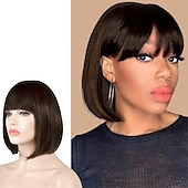 cheap Black &amp; African Wigs-Short Straight Bob Wigs 11 inch Synthetic with Bangs Daily Party Cosplay Hair Wig for Black Women silver gray