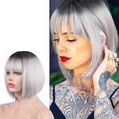 cheap Black &amp; African Wigs-Short Straight Bob Wigs 11 inch Synthetic with Bangs Daily Party Cosplay Hair Wig for Black Women silver gray