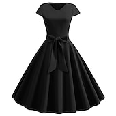 tanie Sukienki-Retro / vintage Lata 50. Sukienka z linii Rockabilly Sukienka huśtawka Krótki kimonowy Łuk Równina W serek Strój na bal maskowy Damskie Bal maskowy Spotkanie towarzyskie Herbaciane przyjęcie Codzienne
