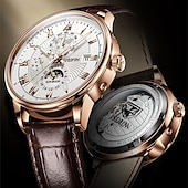 cheap Mechanical Watches-Mechanical Watch for Men Business Luxury Analog Wristwatch CalendarAutomatic Self-winding Moon Phase Waterproof Noctilucent Genuine Leather Watch Gift