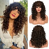 economico Parrucche di altissima qualità-parrucca riccia con frangia per le donne-lonai lunghe parrucche crespi color cioccolato da 23 pollici con frangia sottile ricci splendida parrucca sintetica shag per uso quotidiano party cosplay