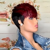 baratos Perucas capless de cabelo natural-vermelho borgonha 99j ombre cor curto ondulado bob pixie cut perucas máquina completa feita sem renda perucas de cabelo humano com franja para mulheres negras 1b99j