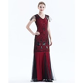 baratos Vestidos dos anos 1920-Conjunto Loucos anos 20 Anos 20 Até o Tornozelo Vestidos Vestido de Festa Roupa com acessórios Mangas curtas O Grande Gatsby Tamanhos Grandes Convidado do casamento Franjas Franjas Decote V Fantasia