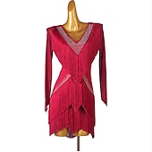 preiswerte Kleidung für lateinamerikanische Tänze-Tanz-Salsa-Latin-Tanzkleid mit Fransen, Quasten, Kristallen/Strasssteinen, Damen, Performance-Training, lange Ärmel, Chinlon