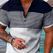 cheap Men&#039;s Hawaiian Polo-Men&#039;s Striped Hawaiian Polo Shirts Golf Shirt Short Sleeve Polo Shirts Collared Shirts Casual Beach Wear Vacation Wear Party Outfits 3D Print Quarter Zip Polo Black-White Black Army Green